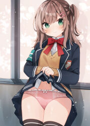 Rule 34 | 1girl, armband, black thighhighs, blazer, blue jacket, blue skirt, boku to kanojo no onani life, bow, bow panties, bowtie, brown hair, brown sweater, closed mouth, clothes lift, commentary request, double horizontal stripe, dress shirt, emblem, frilled panties, frills, frown, green eyes, hair ornament, hair tie, hairclip, heripiro, indoors, jacket, lifting own clothes, long sleeves, looking at viewer, medium hair, miniskirt, naomi (boku to kanojo no onani life), navel, one side up, panties, pink panties, pleated skirt, red bow, red bowtie, school uniform, shirt, single horizontal stripe, skirt, skirt lift, solo, standing, sweater, thighhighs, underwear, v-neck, white shirt, window, wing collar, yumehiko