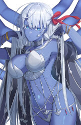 Rule 34 | 1girl, armor, armpits, arms up, bare shoulders, belly chain, bikini armor, blue eyes, blue skin, bracelet, breasts, cleavage, collarbone, colored skin, earrings, extra arms, fate/grand order, fate (series), hair ribbon, highres, jewelry, kali (fate), large breasts, long hair, looking at viewer, navel, neck ring, necklace, ref (pmxt4483), revealing clothes, ribbon, sash, solo, thighs, third eye, thumb ring, very long hair, white hair