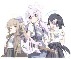 Rule 34 | 2t (vmyz7342), 3girls, :3, absurdres, black hair, blue archive, brown coat, brown hair, clothes around waist, coat, drumsticks, electric guitar, gibson les paul, green eyes, guitar, hair ornament, halo, hand in pocket, highres, holding, instrument, long hair, multiple girls, one eye closed, open mouth, overalls, pink hair, ponytail, purple eyes, reisa (blue archive), shirt, simple background, skirt, smile, star (symbol), star hair ornament, t-shirt, twintails, white background, white shirt