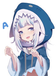 Rule 34 | 1girl, :d, a (phrase), absurdres, animal costume, animal hood, blue eyes, claw pose, drawstring, english text, fish skeleton, gawr gura, gawr gura (1st costume), grin, highres, hololive, hololive english, hood, hood up, lolicon delta, looking at viewer, medium hair, multicolored hair, open mouth, shark, shark costume, shark girl, shark hood, shark print, sharp teeth, sidelocks, simple background, smile, solo, streaked hair, teeth, virtual youtuber, white background, white hair