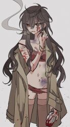 Rule 34 | 1girl, bad id, bad twitter id, bleeding, bleeding from forehead, blood, blood on face, bra, brown coat, brown thighhighs, bruise, bruised chest, character request, check character, cigarette, coat, earrings, genderswap, genderswap (mtf), grey background, hair between eyes, hand up, highres, holding, inactive account, injury, jewelry, long eyelashes, long hair, meremero, navel, open clothes, open coat, panties, red bra, red eyes, red nails, red panties, simple background, slow damage, smoke, smoking, solo, standing, strap slip, thighhighs, towa (slow damage), underwear