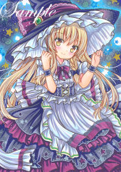 Rule 34 | 1girl, adapted costume, apron, black dress, black hat, blonde hair, blush, bow, bowtie, braid, dress, feet out of frame, fireflies, frilled apron, frilled cuffs, frilled dress, frilled hat, frills, green trim, hair bow, hand on headwear, hands up, hat, hat ornament, hat ribbon, head tilt, kirisame marisa, lace, lace-trimmed ribbon, lace trim, layered dress, long hair, looking at viewer, marker (medium), purple bow, purple bowtie, purple dress, purple ribbon, ribbon, rui (sugar3), sample watermark, single braid, smile, solo, star (symbol), star print, starry background, touhou, traditional media, two-tone dress, very long hair, watermark, white apron, witch hat, wrist cuffs, yellow eyes