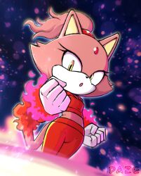Rule 34 | 1girl, absurdres, blaze the cat, burning blaze, cat girl, cat tail, clenched hands, crop top, fire, forehead jewel, furry, furry female, highres, open mouth, pink fur, ponytail, red track suit, sonic (series), sportswear, tail, xdaze, yellow eyes
