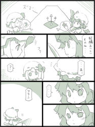 Rule 34 | 2girls, candelabra, candlestand, comic, cup, drinking glass, female focus, flandre scarlet, green theme, hat, monochrome, multiple girls, remilia scarlet, touhou, translated, uni mate, wine glass, wings, yunimeito