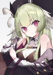 Rule 34 | 1girl, absurdres, arknights, artist name, bare shoulders, black hat, black jacket, bright pupils, commentary, dated, expressionless, eyes visible through hair, feathers, green hair, grey background, grey wings, hand on own face, hat, head wings, highres, jacket, light blush, long hair, long sleeves, looking at viewer, off shoulder, parted lips, pink eyes, poncirus (arknights), purple jacket, signature, solo, split mouth, strap, twitter username, two-sided fabric, two-sided jacket, upper body, white pupils, wide sleeves, wings, yonagi white