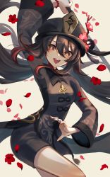 Rule 34 | 1girl, arm up, asagizuisen, bead bracelet, beads, black shorts, bracelet, brown hair, flower, genshin impact, hat, highres, holding, holding weapon, hu tao (genshin impact), jewelry, long hair, long sleeves, nail polish, open mouth, petals, polearm, red eyes, red flower, red nails, shorts, solo, symbol-shaped pupils, teeth, top hat, twintails, upper teeth only, very long hair, weapon