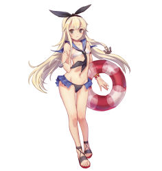 Rule 34 | 1girl, anchor hair ornament, armband, bare shoulders, bikini, black neckerchief, blonde hair, blush, breasts, closed mouth, collarbone, commentary request, frilled swimsuit, frills, grey eyes, hair between eyes, hair ornament, highres, holding, holding swim ring, innertube, kantai collection, lifebuoy, long hair, looking at viewer, navel, neckerchief, nemo (leafnight), sailor collar, sandals, school uniform, serafuku, shimakaze (kancolle), shoes, simple background, small breasts, smile, solo, standing, swim ring, swimsuit, white background