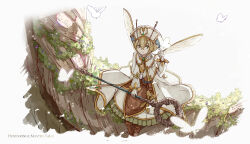 Rule 34 | 1girl, antennae, blonde hair, bug, butterfly, capelet, character name, dress, duel monster, fairy, fairy wings, fairyant the circular sorcerer, feet out of frame, frilled dress, frills, green eyes, hand up, hat, highres, holding, holding staff, index finger raised, insect, long sleeves, puffy sleeves, short hair, sitting, smile, solo, staff, tamago (xyxk3743), white dress, wings, yu-gi-oh!