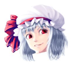 Rule 34 | 1girl, anti-earth bomb, female focus, grin, hat, highres, portrait, red eyes, remilia scarlet, silver hair, smile, solo, touhou, white background