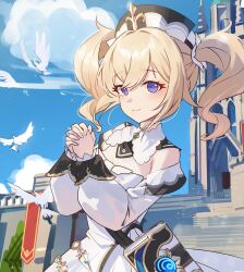 Rule 34 | 1girl, barbara (genshin impact), bird, blonde hair, blue eyes, blue sky, blush, book, closed mouth, cloud, commentary request, dress, genshin impact, highres, long sleeves, looking at viewer, outdoors, own hands clasped, own hands together, shedar, sky, smile, solo, twintails, white dress