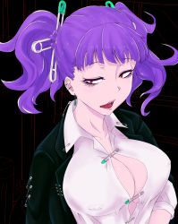 Rule 34 | 1girl, anze (shi shi ji), bad id, bad pixiv id, black jacket, blouse, breasts, center opening, covered erect nipples, dress shirt, ear piercing, eyelashes, hair ornament, highres, jacket, jacket on shoulders, large breasts, no bra, open mouth, original, piercing, pink lips, purple hair, red eyes, safety pin, sanpaku, sharp teeth, shi shi ji, shirt, short hair, short twintails, sleeves rolled up, solo, teeth, tongue, too many, twintails, upper body, white shirt