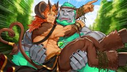 Rule 34 | 2boys, abs, animal ears, another eidos-r, azmond (another eidos), bara, beard, biceps, body fur, brown fur, carrying, chest hair, chest harness, clenched teeth, clothes around waist, curled horns, dark-skinned male, dark skin, facial hair, fingernails, fork, forte (another eidos), frown, furry, furry male, furry with non-furry, game cg, goat boy, goat ears, goat horns, goat tail, gomtang, green hair, harness, heart, heart in mouth, heart tail, horns, interspecies, large pectorals, long hair, looking at viewer, male focus, mature male, mind control, monkey boy, monkey ears, monster boy, multiple boys, multiple horns, muscular, muscular male, mustache, nipples, non-web source, official art, orange hair, pectorals, plant, pointing, pointing to the side, princess carry, pubic hair, satyr, sex, short hair, size difference, stomach, tail, tail raised, teeth, thick eyebrows, thick thighs, thighs, tongue, tongue out, topless male, vines, yaoi