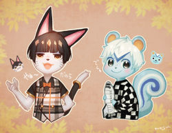 Rule 34 | 2boys, animal crossing, animal ears, black hair, blunt bangs, blush, bow, bowtie, cat, cat tail, checkered clothes, checkered skirt, filbert (animal crossing), half-closed eyes, multiple boys, nintendo, open mouth, personification, plaid, plaid vest, punchy (animal crossing), skirt, smile, squirrel, squirrel ears, squirrel tail, tail, vest, whiskers, white hair, yellow eyes