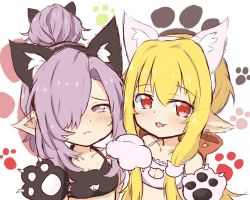 Rule 34 | 2girls, :3, :d, animal ear fluff, animal ears, animal hands, bad id, bad pixiv id, bare shoulders, black bra, black gloves, blonde hair, blush, bow, bra, breasts, brown bow, cat cutout, cat ears, cat lingerie, cleavage, cleavage cutout, closed mouth, clothing cutout, collarbone, commentary request, de gutaoru, earrings, fake animal ears, fang, gloves, granblue fantasy, hair between eyes, hair bun, hair over one eye, harvin, jewelry, long hair, mahira (granblue fantasy), medium breasts, meme attire, multiple girls, niyon (granblue fantasy), open mouth, paw gloves, paw print, paw print background, pointy ears, purple eyes, purple hair, red eyes, simple background, single hair bun, small breasts, smile, underwear, upper body, white background, white bra, white gloves