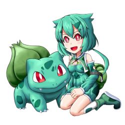 Rule 34 | 1girl, backpack, bag, blush, bra, breasts, bulbasaur, cleavage cutout, closed mouth, clothing cutout, creatures (company), dress, fangs, female focus, full body, game freak, gen 1 pokemon, green bra, green dress, green footwear, green hair, hair ornament, hairclip, happy, highres, kneehighs, kneeling, long hair, looking at viewer, nintendo, off shoulder, open mouth, personification, pokemon, red eyes, shiny skin, shoes, shougun (chuckni1), simple background, sitting, small breasts, smile, socks, standing, twintails, underwear, white background, white socks