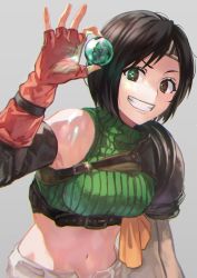 Rule 34 | 1girl, armor, bare shoulders, black hair, breasts, brown eyes, detached sleeves, final fantasy, final fantasy vii, fingerless gloves, gloves, grey background, highres, looking at viewer, materia, medium breasts, midriff, navel, ok sign, otsudou, short hair, shorts, shoulder armor, simple background, smile, solo, stomach, upper body, yuffie kisaragi