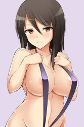 Rule 34 | 10s, 1girl, areola slip, blush, breasts, brown eyes, brown hair, girls und panzer, hand on own chest, kuragari, large breasts, long hair, looking at viewer, mika (girls und panzer), navel, purple background, simple background, slingshot swimsuit, smile, solo, swimsuit, upper body