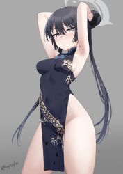Rule 34 | 1girl, armpits, arms up, black dress, black gloves, black hair, blue archive, blush, breasts, china dress, chinese clothes, double bun, dragon print, dress, gloves, grey eyes, hair bun, halo, highres, kisaki (blue archive), looking at viewer, medium breasts, pelvic curtain, print dress, signature, solo, try (lsc), twintails