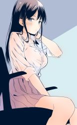 Rule 34 | 1girl, between legs, black hair, blue background, blue eyes, blush, breasts, chair, closed mouth, collared shirt, commentary request, eyelashes, half-closed eyes, hand between legs, hand on own neck, highres, large breasts, long hair, long sleeves, looking at viewer, on chair, open collar, original, pleated skirt, red skirt, shirt, shirt tucked in, sidelocks, simple background, sitting, skirt, sleeves rolled up, solo, straight hair, swept bangs, twitter username, white shirt, wing collar, yu yu