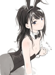 Rule 34 | 1girl, animal ears, bad id, bad twitter id, bare shoulders, black bow, black bowtie, black hair, black leotard, blush, bow, bowtie, breasts, closed mouth, detached collar, embarrassed, fake animal ears, fake tail, fingernails, from side, grey pantyhose, heart, highres, idolmaster, idolmaster shiny colors, kazano hiori, leaning forward, leotard, long hair, looking at viewer, mole, mole under mouth, pantyhose, playboy bunny, purple eyes, rabbit ears, rabbit tail, simple background, small breasts, solo, sunaba suzume, sweat, tail, white background, wing collar, wrist cuffs