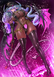 Rule 34 | 1girl, :o, blue eyes, blue hair, bodystocking, breasts, covered erect nipples, demon girl, demon horns, demon tail, elbow gloves, gloves, gradient hair, heels, highres, horns, huge breasts, latex, latex gloves, long hair, multicolored hair, naglfar sakura, nail polish, pointy ears, pubic tattoo, slingshot swimsuit, swimsuit, tail, tattoo, thighhighs, whip, wings