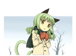 Rule 34 | 1girl, :o, animal ears, bad id, bad pixiv id, breath, cat ears, cat tail, coat, green hair, green scarf, ikura hato, long hair, mittens, open mouth, original, outdoors, scarf, solo, tail, tree