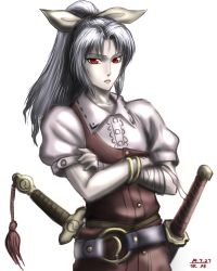 Rule 34 | 1girl, bandages, bangle, bracelet, crossed arms, flat chest, hair ribbon, jewelry, multiple girls, overalls, ponytail, puffy short sleeves, puffy sleeves, red eyes, ribbon, sheath, sheathed, short sleeves, silver hair, solo, sword, taikyokuturugi, watatsuki no yorihime, weapon