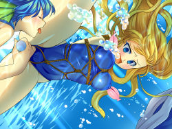 Rule 34 | 2girls, air bubble, asphyxiation, bdsm, bondage, bound, breasts, breath, bubble, crotch rope, drowning, closed eyes, female focus, holding breath, mermaid, monster girl, multiple girls, nipples, open mouth, peril, rope, shibari, sweetsprite, swimsuit, underwater, yuri