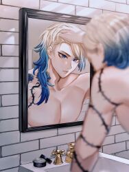 Rule 34 | 1boy, absurdres, arm tattoo, blonde hair, blue eyes, blue flower, blue lock, blue sky, closed mouth, collarbone, commentary request, eyeshadow, flower, flower tattoo, gradient hair, hand in own hair, highres, kyul gnsn, long hair, makeup, male focus, michael kaiser, mirror, multicolored hair, neck tattoo, red eyeshadow, reflection, sky, solo, tattoo, topless male, two-tone hair, upper body