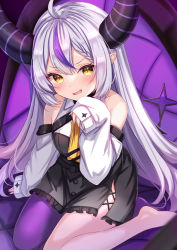 Rule 34 | 1girl, ascot, bare shoulders, black dress, braid, commentary, demon horns, dress, fang, frilled dress, frills, hand up, highres, hololive, holox, horns, la+ darknesss, long sleeves, looking at viewer, multicolored hair, open mouth, pointy ears, purple hair, purple legwear, silver hair, single leg pantyhose, sitting, sleeves past fingers, sleeves past wrists, smile, solo, streaked hair, striped horns, virtual youtuber, yellow ascot, yellow eyes, yuano