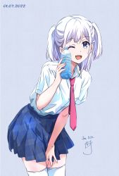 Rule 34 | 1girl, :d, blue eyes, blue skirt, blush, bottle, collared shirt, dated, dress shirt, hand up, highres, holding, holding bottle, leaning forward, long hair, looking at viewer, necktie, nii manabu, one eye closed, open mouth, original, pleated skirt, purple background, red necktie, school uniform, shirt, side ponytail, signature, simple background, skirt, smile, solo, standing, thighhighs, thighs, water bottle, white hair, white shirt, white thighhighs, zettai ryouiki