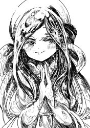 Rule 34 | 1girl, back bow, blush, bow, closed mouth, collar, collared dress, commentary, dress, eyelashes, frilled collar, frills, greyscale, half-closed eyes, hanada hyou, hat, highres, long hair, long sleeves, looking to the side, monochrome, original, own hands together, sidelocks, sketch, smile, upper body, white background, wide sleeves