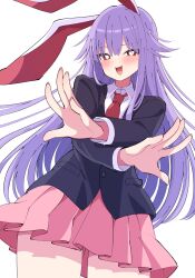 Rule 34 | 1girl, absurdres, animal ears, black jacket, blazer, blush, collared shirt, cowboy shot, fingernails, hair between eyes, highres, jacket, long hair, long sleeves, looking at viewer, necktie, open mouth, pink skirt, pleated skirt, purple hair, rabbit ears, red eyes, red necktie, reisen udongein inaba, shirt, simple background, skirt, smile, solo, touhou, tsukimirin, white background, white shirt