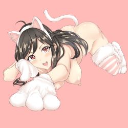 Rule 34 | 1girl, absurdres, ahoge, aira (shironeko project), all fours, anal, anal object insertion, anal tail, animal ears, animal hands, ass, bad id, bad pixiv id, black hair, blush, breasts, butt plug, cat ears, character request, commentary request, fake tail, full body, fur-trimmed legwear, fur trim, gloves, hairband, highres, long hair, looking at viewer, nipples, no bra, nude, object insertion, open mouth, outstretched arm, paw gloves, pink background, red eyes, sanwenyu ganlao, sex toy, shironeko project, solo, striped clothes, striped legwear, striped thighhighs, tail, teeth, thighhighs
