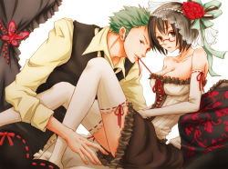 Rule 34 | 1boy, 1girl, alternate costume, black hair, breasts, brown eyes, bug, butterfly, corset, costume, couple, elbow gloves, flower, glasses, gloves, green hair, hetero, bug, kigisu, lace, looking at viewer, mouth hold, necktie, one piece, pillow, roronoa zoro, short hair, sitting, string, string of fate, tashigi, thighhighs, valentine, white background