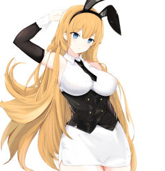 Rule 34 | 1girl, animal ears, arm up, astoria (azur lane), astoria (black bunny carnival) (azur lane), azur lane, bad id, bad pixiv id, bare shoulders, black hairband, black necktie, blonde hair, blue eyes, blush, breasts, closed mouth, cowboy shot, detached sleeves, fake animal ears, hairband, highres, large breasts, long hair, long sleeves, necktie, north carolina (azur lane), rabbit ears, sa (nax49), simple background, white background
