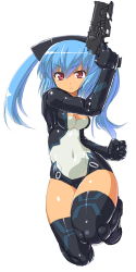 Rule 34 | &gt;:&lt;, 10s, 1girl, :&lt;, bad id, bad pixiv id, black footwear, black thighhighs, blue hair, boots, breasts, busou shinki, cleavage, clenched hand, closed mouth, covered navel, dd (ijigendd), doll joints, frown, full body, gloves, gun, hair between eyes, hand up, handgun, hip focus, joints, kneeling, leotard, long hair, long image, looking at viewer, pistol, red eyes, serious, simple background, small breasts, solo, strarf, tall image, tan, thigh boots, thighhighs, thighs, trigger discipline, twintails, v-shaped eyebrows, weapon, white background
