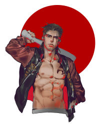 Rule 34 | 10s, 111111111 (leiyao), 1boy, baseball bat, brown hair, facial hair, final fantasy, final fantasy xv, gladiolus amicitia, jacket, male focus, muscular, open clothes, open jacket, red background, scar, solo, stubble, stuble, tattoo