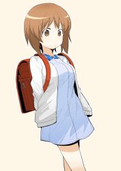 Rule 34 | 10s, 1girl, arms behind back, backpack, bag, blue dress, casual, closed mouth, cowboy shot, dress, girls und panzer, henyaan (oreizm), long sleeves, looking at viewer, nishizumi miho, randoseru, short dress, short hair, simple background, solo, standing, sweater, white background, white sweater