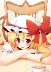 Rule 34 | 1girl, bad id, bad pixiv id, beni shake, blonde hair, blush, chair, crossed arms, cup, fang, female focus, flandre scarlet, hat, hat ribbon, open mouth, red eyes, ribbon, side ponytail, sitting, smile, solo, table, teacup, embodiment of scarlet devil, touhou, wings