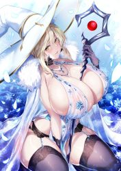 Rule 34 | 1girl, arm between legs, artoria pendragon (fate), artoria pendragon (lancer alter) (fate), artoria pendragon (lancer alter) (royal icing) (fate), babydoll, between breasts, black gloves, black panties, blonde hair, blue babydoll, blush, breasts, choker, cleavage, commentary request, fate/grand order, fate (series), garter belt, garter straps, gloves, hair between eyes, hat, highres, hirasawa seiji, huge breasts, jewelry, lingerie, necklace, official alternate costume, panties, parted lips, revealing clothes, see-through, sitting, snowflake print, snowflakes, thighhighs, thighs, underwear, wand, witch hat, yellow eyes