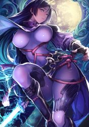 Rule 34 | 1girl, black hair, bodysuit, breasts, covered navel, curvy, fate/grand order, fate (series), fingerless gloves, full moon, gloves, highres, holding, holding sword, holding weapon, large breasts, long hair, looking at viewer, mephisto (angraecum), minamoto no raikou (fate), moon, parted lips, purple eyes, solo, sword, very long hair, weapon, wide hips