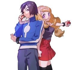 Rule 34 | 1boy, 1girl, ankea (a-ramo-do), arm up, bare shoulders, black hair, black pants, black shirt, black thighhighs, blonde hair, blue jacket, bracelet, calem (pokemon), closed mouth, creatures (company), game freak, hand up, happy, holding, holding poke ball, jacket, jewelry, long hair, long sleeves, looking at another, looking at viewer, looking back, looking to the side, nintendo, outstretched arm, pants, pleated skirt, poke ball, poke ball (basic), pokemon, pokemon xy, purple eyes, red skirt, serena (pokemon), shirt, short hair, simple background, skirt, sleeveless, sleeveless shirt, smile, standing, thighhighs, turtleneck, white background, zettai ryouiki