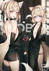Rule 34 | 2girls, alternate costume, black dress, black thighhighs, blonde hair, blue eyes, blue hair, blush, breasts, chain, commentary, cowboy shot, cup, dress, drinking glass, english commentary, formal, fuwawa abyssgard, highres, holding, holding cup, hololive, hololive english, jewelry, looking at viewer, medium breasts, mococo abyssgard, multicolored hair, multiple girls, pink eyes, pink hair, siblings, single thighhigh, sisters, small breasts, sobbi11, streaked hair, thighhighs, thighs, twins, twitter username, two-tone hair, virtual youtuber, wavy mouth, wine glass