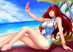Rule 34 | 1girl, arm support, armlet, armpits, bare legs, bare shoulders, barefoot, beach, beach umbrella, blue eyes, blue sky, bracelet, breasts, cellphone, cleavage, cleavage cutout, clothing cutout, cloud, day, eyewear on head, from side, hair over one eye, hat, highres, horizon, jewelry, large breasts, league of legends, long hair, looking at viewer, looking to the side, midriff, navel, navel cutout, one-piece swimsuit, outdoors, parted lips, phone, pool party miss fortune, red hair, miss fortune (league of legends), sitting, sky, smartphone, solo, stomach, sun hat, swimsuit, thighs, umbrella, yashichii