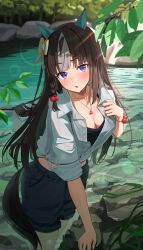 Rule 34 | 1girl, absurdres, animal ears, blush, breasts, brown hair, cidersour, cleavage, ear covers, highres, hokko tarumae (umamusume), horse ears, horse girl, horse tail, jewelry, long hair, long sleeves, looking at viewer, multicolored hair, necklace, outdoors, puffy long sleeves, puffy sleeves, purple eyes, rock, solo, stream, striped hair, tail, two-tone hair, umamusume, water, wet
