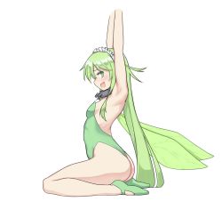 Rule 34 | 1girl, :d, armpits, arms up, ass, black souls, breasts, chain, fairy, fairy wings, fang, from side, furrowed brow, green eyes, green footwear, green hair, green leotard, green wings, highres, leaf (black souls), leotard, long hair, maid headdress, open mouth, ribbonsnek, ribs, sideways mouth, small breasts, smile, solo, straight hair, strapless, strapless leotard, transparent background, very long hair, wings