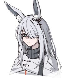 Rule 34 | 1girl, animal ear fluff, animal ears, arknights, coat, ear ornament, female focus, frostnova (arknights), grey eyes, grey hair, hair ornament, hair over one eye, hairclip, highres, long hair, looking at viewer, one eye covered, petra (jgc845601), portrait, rabbit ears, rabbit girl, scar, scar on face, scar on nose, simple background, solo, white background, white coat