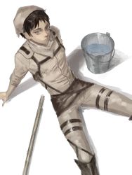 Rule 34 | 1boy, brown hair, bucket, chest harness, eren yeager, feet out of frame, from above, green eyes, harness, head scarf, highres, leg belt, looking at viewer, male focus, mop, mrs.yega (nai0026er), paradis military uniform, shingeki no kyojin, short hair, sideburns, sitting, solo, unfinished, water