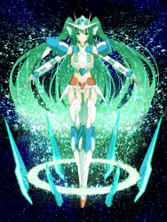 Rule 34 | 00 qan[t], 00s, 1girl, alternate color, armor, armored boots, boots, breasts, full body, garter belt, glowing, green eyes, green hair, gundam, gundam 00, highres, jewelry, long hair, mecha musume, navel, outstretched arms, personification, pink footwear, ring, small breasts, sparkle, thigh boots, thighhighs, uyu (keyakinoki), very long hair